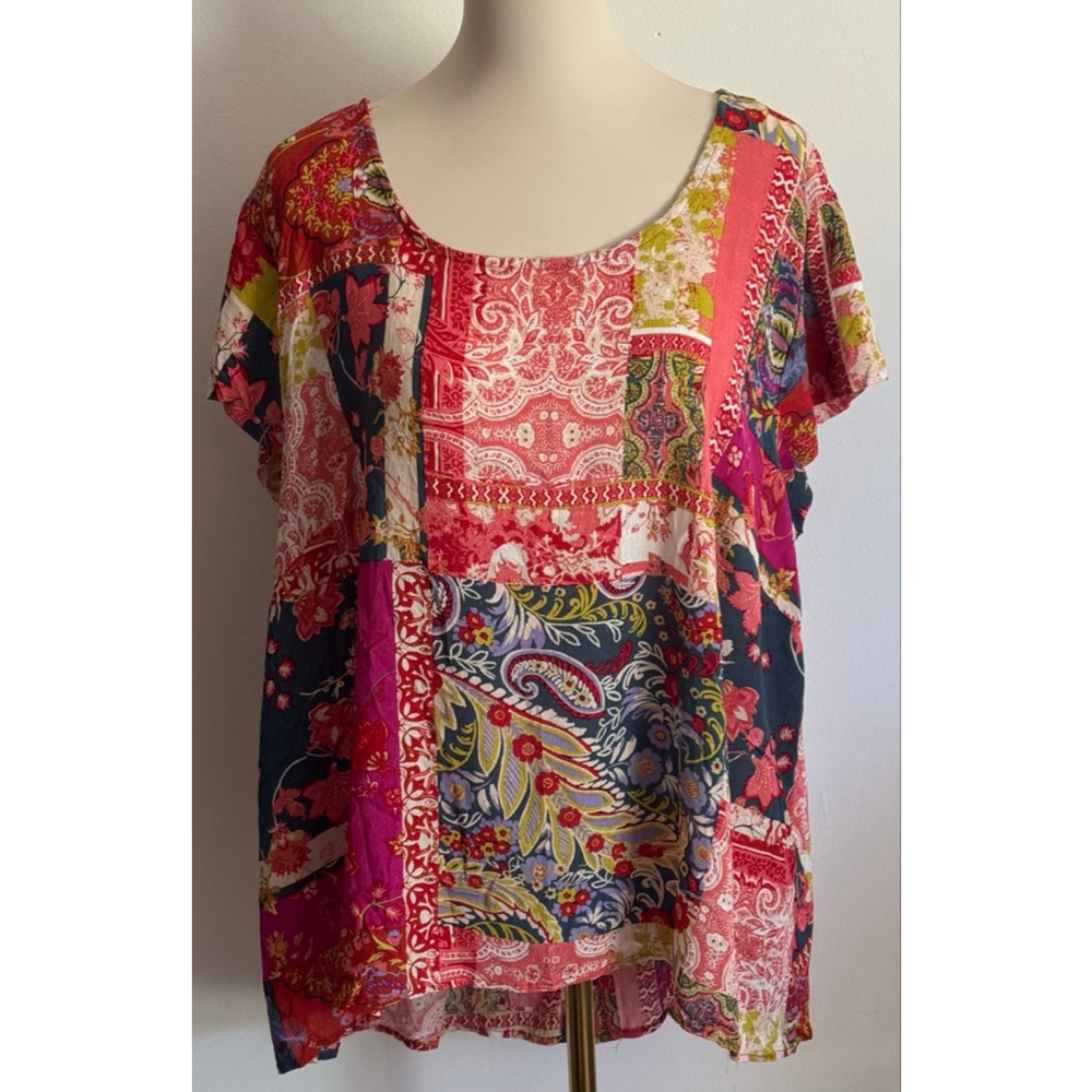 Women's JNY Jones New York Patchwork Blouse 1X Red Navy Multi-color